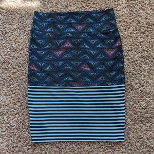 LuLaRoe Black & Blue Geometric Stripe Pencil Skirt